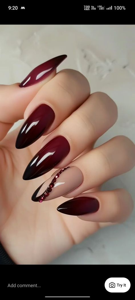 Dark Nails Inspiration Almond, Black And Maroon Nail Ideas, Almond Nails Designs Red And Black, Cherry Red And Black Nails, Deep Red Nails Designs Burgundy, Dark Romantic Nails, Black Burgundy Nails, Wine Red And Black Nails, Dark Almond Acrylic Nails