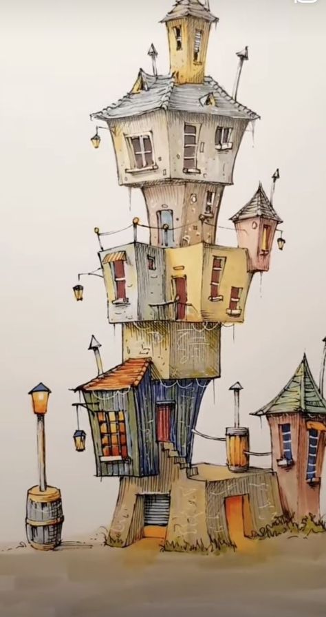 Watercolour Line Drawing, Watercolor House Painting, Whimsical Art Paintings, House Cartoon, Building Drawing, Watercolor Architecture, Architecture Drawing Art, House Illustration, House Drawing