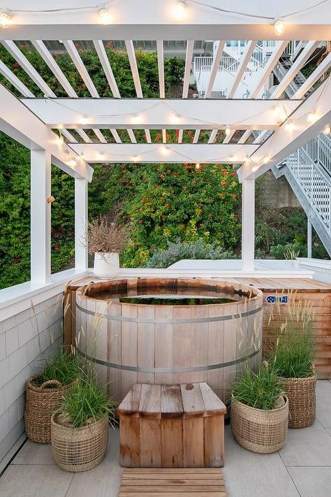 Barrel Hot Tub, Hot Tub Pergola, Brooke Wagner Design, Cottage Patio, Brooke Wagner, Round Hot Tub, Hot Tub Surround, White Pergola, Cedar Hot Tub