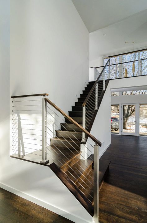 Cable Railing Systems: What's Cable Rail? - All About Cable Railing for Stairs - StairSupplies™ Cable Stair Railing, Black Stair Railing, Diy Stair Railing, Indoor Railing, Stairs Railing, Interior Stair Railing, Modern Railing, Modern Stair Railing, Interior Railings