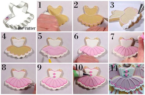 This blog post explains step-by-step how to Decorate a Ballerina Tutu Cookie, plus there's a VIDEO!! Tutu Cookies Decorated, Dance Cookies, Ballet Cookies, Nutcracker Cookies, Girly Cookies, Royal Cookies, Dress Cookies, Ballerina Cookies, Cookie Decorating Icing