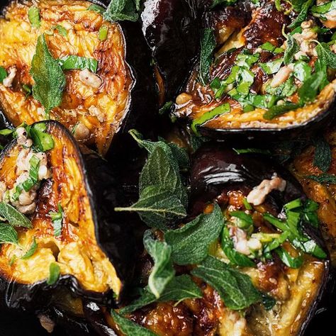 Yotam Ottolenghi Roasted Aubergine with Anchovies | SIMPLE recipe Ottolenghi Aubergine, Roasted Aubergine, Yotam Ottolenghi Recipes, Aubergine Recipe, Ottolenghi Recipes, Roast Chicken Leftovers, Plats Healthy, Yotam Ottolenghi, Eggplant Recipes