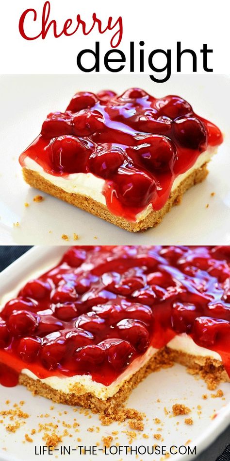 Cherry Desert With Graham Cracker Crust, Cherry Cream Cheese Bars Recipe, Fruit Delight Recipe, Cherry Cheese Delight, Cherry Desserts Cream Cheese, Cheery Cheesecake Recipes, Cherry Cream Cheese Bars, Cherry Cheesecake Delight, Cherry Delight Dessert Cream Cheeses