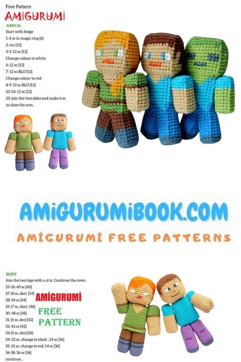 Minecraft Crochet Patterns, Crochet Lego, Minecraft Crochet, Baby Bonnet Crochet Pattern, Minecraft Pattern, Crochet Baby Projects, Crochet Dinosaur Patterns, Free Amigurumi Crochet Patterns, Minecraft Characters