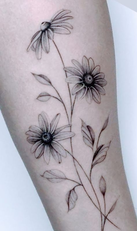 Daisy Floral Tattoo Design, Echinacea Tattoo Design, Daisy Tattoo Black And Grey, Oklahoma Flower Tattoo, Daisy Tattoo Large, Daisy And Wildflower Tattoo, Daisy And Dandelion Tattoo, Daisy Arm Tattoos For Women, Daisy Leg Tattoos For Women