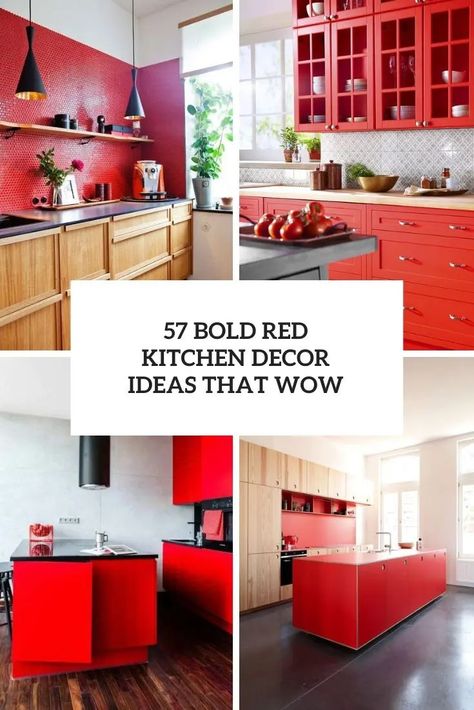 Red Kitchen Decor Ideas, White Stone Backsplash, Butcherblock Countertops, Red Kitchens, Metal Countertops, Stone Kitchen Island, Glossy Kitchen, Red Cabinets, Bold Kitchen