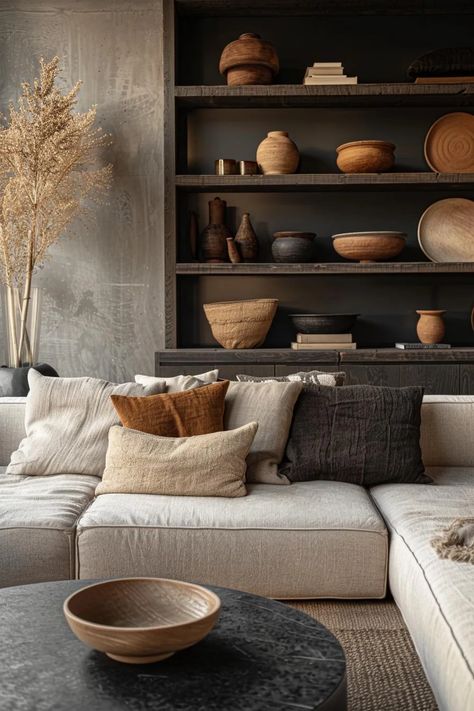 15 Trendy Moody Neutral Living Room Designs to Inspire 15 Moody Neutral Living Room, Styling Vignettes, Moody Neutral, Moody Interior Design, Organic Modern Living Room, Moody Living Room, Organic Living Room, Earthy Living Room, Japandi Living