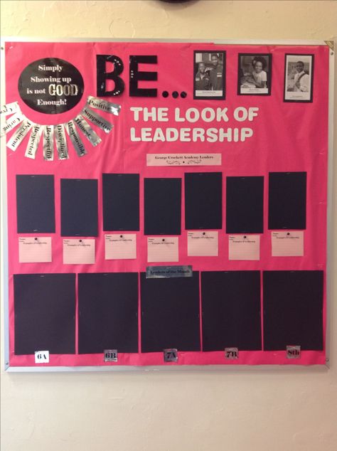 Student Leadership Bulletin Board Idea (picture only). The three photos at the top are of young people around the same age as students in middle school as examples of leadership such as 14 year old pilot, 11 year old entreprenuer, etc. The black spaces are for students who show leadership with spaces below to write examples. The larger are for Student of the Month for each class. Printed on silver gift wrap paper (set printer to glossy setting) Leader Of The Month Bulletin Board, Black Student Union Bulletin Board, Student Council Bulletin Board Ideas, Leadership Bulletin Boards, Middle School Bulletin Boards, Facs Classroom, Leadership Examples, Leadership Ideas, Leadership Classes