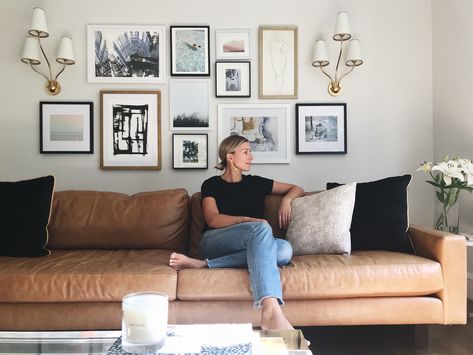 Gallery wall, leather couch, sconces, Wander + Lash at home, Eclectic gallery wall. Decorate Wall Behind Couch, Decorate Above Couch, Sconces Above Couch, Wall Decor Behind Couch, Decor Behind Couch, Wall Behind Couch, Couch Wall Decor, Living Room Gallery Wall, Room Gallery Wall