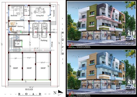 2500 sq ft g 2 modern house plan with shop attached on the ground floor House Plans With Shop Attached, Attached House, Commercial Building Plans, Residential Building Plan, Exterior Color Combinations, Three Story House, Outdoor Bathroom Design, Outdoor Bathroom, Building Elevation