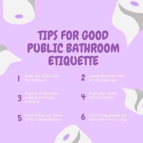 Did you know that there are important steps you should take in any public bathroom? Here are some to help you out and keep you hygienic and clean! Behave Yourself, Bathroom Etiquette, Public Bathroom, Mildew Stains, Counter Clean, Public Bathrooms, Toilet Bowl Cleaner, Toilet Cleaning, Good Housekeeping