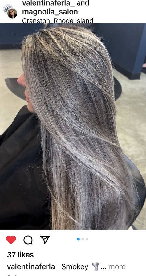 Ash Hair Color Grey Ashy Blonde, Grey Blonde Hair Ashy, Ash Brown With Grey Highlights, Highlights And Lowlights Blonde Ashy, Brunette With Grey Highlights, Platinum Silver Hair Highlights, Salt And Pepper Highlights, Gray Blending Hair Highlights Ash Blonde, Micro Highlights On Dark Hair