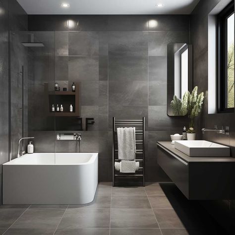 How Grey Can Elevate Your Luxury Modern Bathroom Design • 333+ Images • [ArtFacade] Dark Grey Modern Bathroom, Gray Themed Bathroom, All Grey Bathroom, Ensuite Decor, Modern Bathroom Design Grey, Dark Grey Bathroom, Modern Marble Bathroom, Grey Modern Bathrooms, Luxury Modern Bathroom