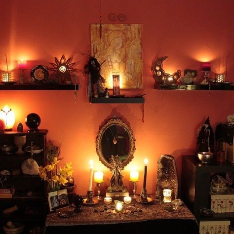 pagan altar pictures | My Altar room by candle light- Pinned by The Mystic's Emporium on Etsy Light Witch Altar, Altar Inspiration Witchcraft, Pagan Altar Set Up, Christian Witch Altar, Satanic Altar Setup, Sacred Space Altar, Personal Altar, Witch Room, Meditation Altar