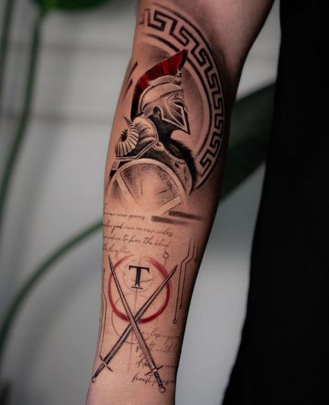 Spartan Sleeve Tattoo, Both Tattoo, Battle Tattoo, Versace Tattoo, 300 Tattoo, Sparta Tattoo, Calf Tattoo Ideas, Clock Tattoo Sleeve, Tatuaje Cover Up