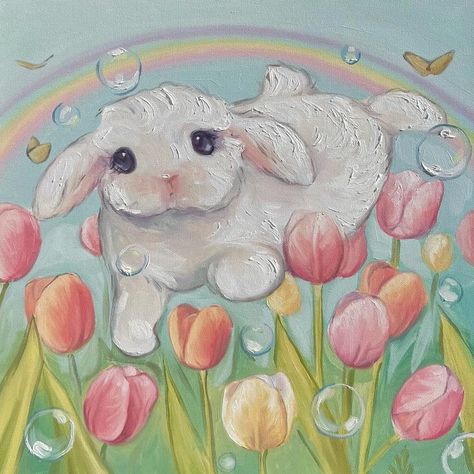 Rabbit Paintings On Canvas, Dayris Felix Art, Cute Bunny Painting, Bunnies Painting, Cute Animal Paintings, Coquette Animals, Paint Bunny, Pink Painting Ideas On Canvas, Little Paintings