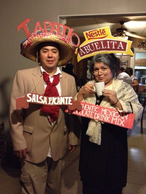 Latino couple Halloween Costume idea. Tapatio man & Abuelita Chocolate Chocolate Abuelita Costume, Latino Halloween Costume Ideas, Mexican Theme Halloween Costume, Mexican Old Lady Costume, Tapatio And Cholula Costume, Latin Halloween Costumes, Halloween Costumes Couples Mexican, Latino Halloween Costumes, Mexican Party Outfit Ideas