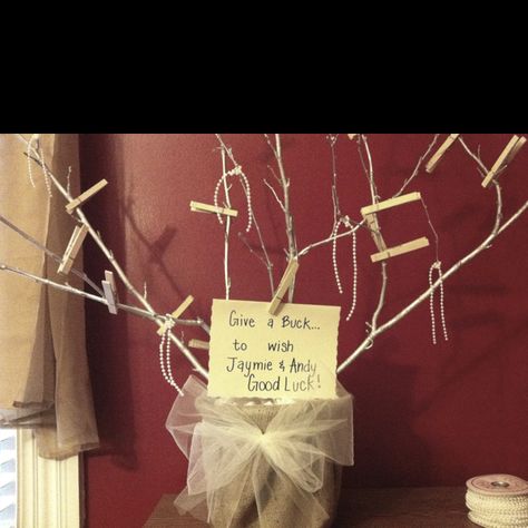 I created a money tree from things I had around the house. This will be the centerpiece for a his and her gift card shower!! Money Tree At Wedding, Money Tree Shower Ideas, Money Tree Wedding Shower Invitations, Wedding Shower Money Tree, Money Tree Ideas, Baby Shower Money Tree, Signs For Wedding, Bridal Shower Invitation Wording, Tree Invitation