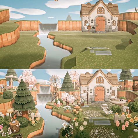 Villager House Inspo Acnh, Anch Island Build Ideas, Animal Crossing Villager House Layout Cottagecore, Village Ideas Animal Crossing, Acnh Neighbor Yard Ideas, Animal Crossing Cottagecore Layout, Acnh Villager House Ideas Outside, Town Ideas Acnh, Acnh Neighborhoods Ideas Natural