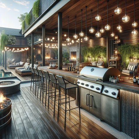 This stylish bachelor's patio features a stainless-steel BBQ pit, high bar stools, a sleek minibar, cozy seating with a fire pit, a secluded hot tub, and games for entertainment. It's the perfect spot for grilling, chilling, or relaxing alone. #BachelorPad #StylishPatio #BBQpit #OutdoorLiving #PatioDesign #OutdoorEntertaining Patio Features, Chill Space, Bbq Hut, High Bar Stools, Outdoor Patios, Stainless Steel Bbq, Backyard Remodel, Cozy Seating, Fine Living