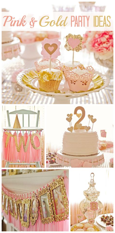 A sophisticated and girlie 2nd birthday party decorated in pink and gold with a lovely photo display!  See more party ideas at CatchMyParty.com! Pink And Gold Party Ideas, Gold Party Ideas, Pink And Gold Party, Pink Gold Party, Pink And Gold Birthday, Party Deco, Gold Birthday Party, Golden Birthday, Princess Birthday Party