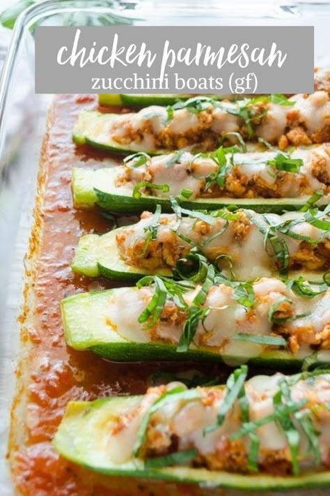 Chicken Parmesan Zucchini Boats are a low carb, gluten free dinner that's perfect for meal prep! #lowcarb #healthydinner #glutenfreerecipes Chicken Parmesan Zucchini Boats, Zucchini Boats Healthy, Zucchini Boat Recipes, Stuffed Zucchini Boats, Low Carb High Protein, High Protein Meal, Healty Dinner, Stuffed Zucchini, High Protein Low Carb Recipes