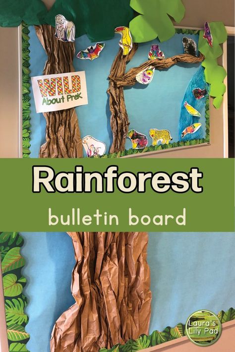 bulletin board with rainforest trees and waterfall Rainforest Bulletin Board, Rainforest Display, Animal Diorama, Rainforest Preschool, Display Student Work, Rainforest Classroom, Jungle Crafts, Parent Board, Rainforest Trees