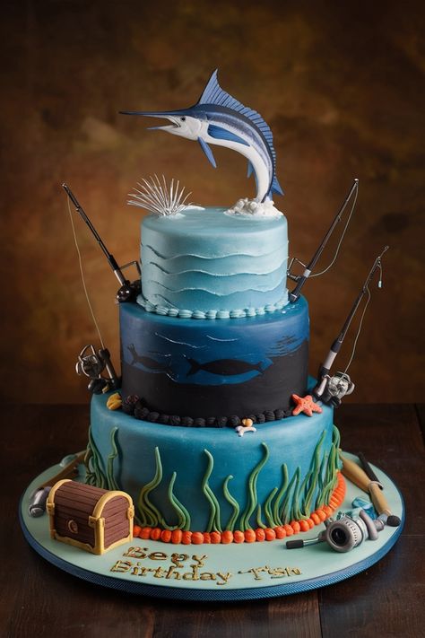 Reel in Excitement with These Fishing-Themed Cake Designs Fishing Graduation Cake, Lemon Ganache, Fishing Birthday Cake, Fishing Theme Cake, Birthday Cake Baking, Fishing Cakes, Fondant Fish, Lemon And White Chocolate, Fisherman Cake