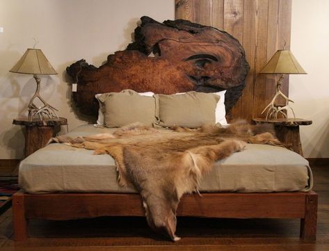 Rustic beds are built from wood that originated in nature and bypassed lumber mills, thus retaining inherent qualities of natural wood. Rustic beds change a room from usual to unique and create an ... Live Wood Bed, Kelly Maxwell, Antler Lamps, Rustic Beds, Live Edge Headboard, Rustic Wood Bed, Rustic Platform Bed, Live Edge Bed, Natural Wood Bed