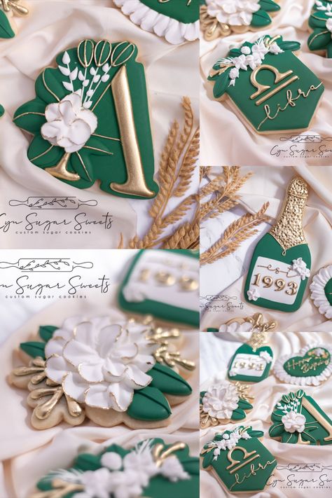 Custom sugar cookies Birthday cookies zodiac sign libra cookies emerald green floral Emerald Green And Gold Cookies, Green Sugar Cookies, Floral Sugar Cookies, Sugar Cookies Birthday, Birthday Sugar Cookies, Gold Cookies, 80 Birthday, Anniversary Cookies, Green Quince