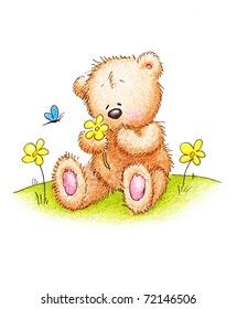 Cute Teddy Bear Yellow Flowers On Stock Illustration 72146506 | Shutterstock Bear With Butterfly, Teddy Drawing, Illustrator Vector, Bear Drawing, Cute Teddy Bear, Sweet Pic, Cute Teddy, Green Lawn, Cute Teddy Bears