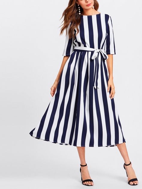 Button Keyhole Back Self Belt Vertical Striped Dress -SheIn(Sheinside) Vertical Striped Dress, Natural Clothing, Belted Midi Dress, Stripped Dress, Modest Clothing, Block Dress, Black Midi, Long Style, Fashion Over 40