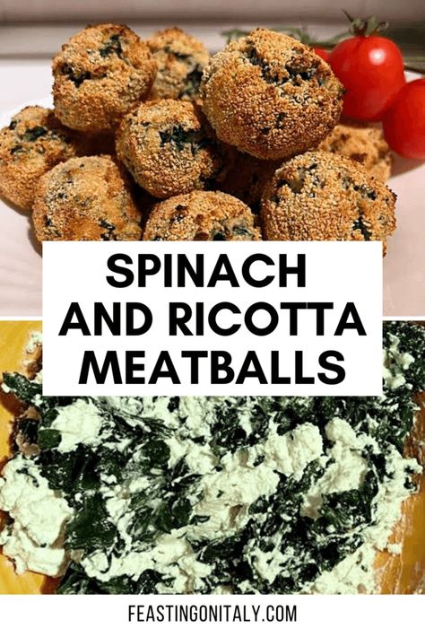 This is a pin image of Spinach and Ricotta Meatballs with tomatoes in the background and a spinach and ricotta mixture. The text reads "Spinach and Ricotta Meatballs." Spinach And Ricotta Balls Recipes, Spinach And Ricotta Balls, Spinach Ricotta Meatballs, Ricotta Spinach Balls, Ricotta Balls Recipe, Meatballs Ricotta, Meatballs Vegetarian, Recipe Ricotta, Baked Ziti With Ricotta