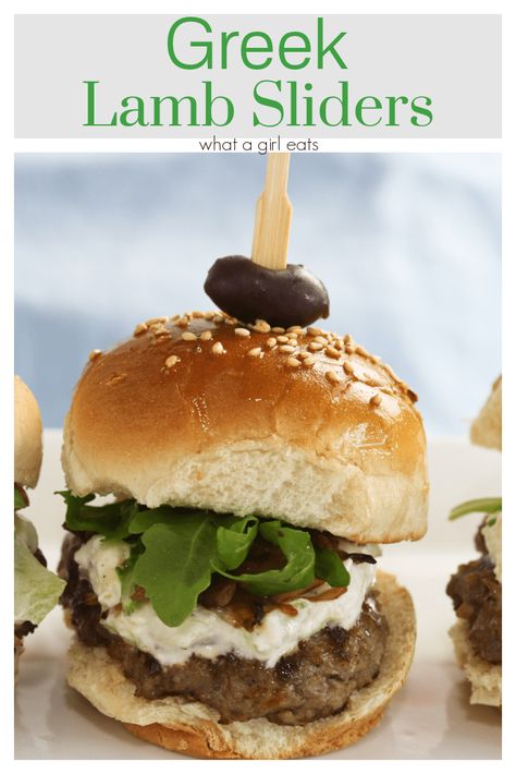 Lamb burgers get a Greek twist with grilled onions, feta and tzatziki and arugula. They're great as sliders for game days or as quarter pounders. Greek Sliders, Cycle Care, Lamb Sliders, Feta Sauce, Lamb Patties, Fresh Appetizers, Slider Sandwiches, Lamb Burgers, Summertime Recipes