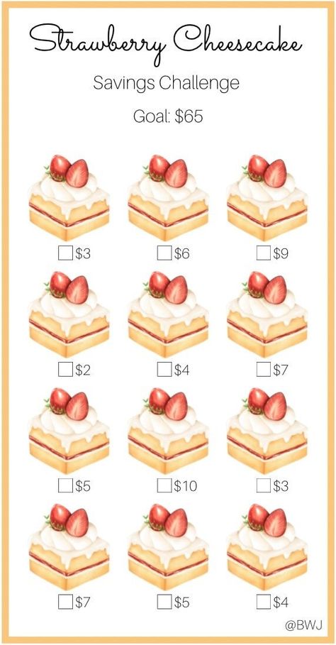 Mini Strawberry Cheesecake Savings Challenge. Save $65! Just simply check off each box as you cash stuff your savings. Enjoy! 🍰 Printing Information: *Digital Download  *This is printed on 8.5 x 11 US letter size paper *Once printed, cut and place inside your A6 envelope *Color will vary depending on ink and printer Disclaimer: This is a PDF Digital Download. No physical product will be mailed to you. Digital Download will be available once payment has been confirmed and purchase has been completed. This printable is for personal use only, not to be copied or resold. There are no refunds, cancellations or exchanges due to the nature of the product. If you have any questions or concerns, please do not hesitate to reach out.  Thank you for your support! Happy Savings!! Defi Budget, Mini Strawberry Cheesecake, Money Challenges, Saving Coins, Saving Money Chart, Savings Chart, Money Chart, Money Saving Methods, Saving Challenges