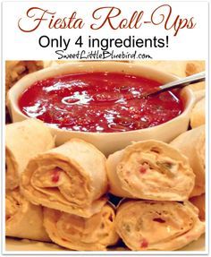 FIESTA ROLL-UPS! Only 4 Ingredients to make this delicious appetizer! Flour tortillas, salsa, sour cream and cream cheese! | SweetLittleBluebird.com Salsa Pinwheels, Tortilla Rolls, Roll Ups Tortilla, Tortilla Wraps, Finger Food Appetizers, Think Food, Roll Ups, Party Food Appetizers, Best Appetizers