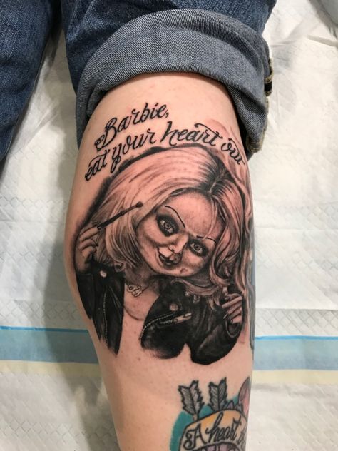 90s Horror Tattoo, Tiffany Valentine Tattoo, Bride Of Chucky Tattoo, Chucky And Tiffany Tattoo, Tiffany Tattoo, Tiffany Bride Of Chucky, Chucky Tattoo, Tiffany Bride, Horror Tattoos