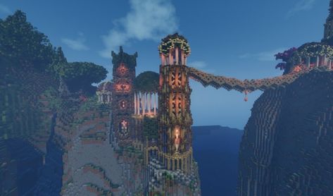 Minecraft Sky Bridge Ideas, Minecraft Waterfall House, Minecraft Waterfall, Chalet Minecraft, Minecraft Boat, Minecraft Poster, Minecraft Mountain, Minecraft Bridge, Minecraft Castle Designs