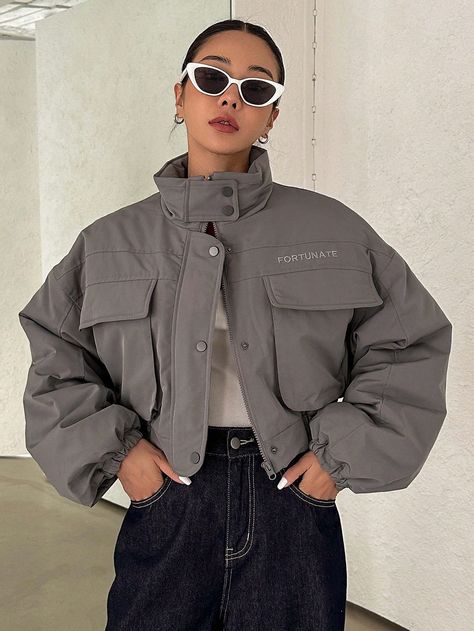 Grey Casual Collar Long Sleeve Woven Fabric Letter Puffer Embellished Non-Stretch  Women Clothing Oversize Jeans, Coat Pocket, Types Of Lettering, Puffy Jacket, Winter Coats Women, Inspiration Mode, Cozy Fashion, Grey Fashion, Moda Casual