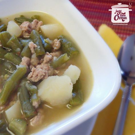 Oma's green bean soup is so super easy and quick. A very traditional German soup that uses a basic method to make so many different types of soups. Green Bean Soup, Green Beans Soup, Meat Soup, German Food Authentic, Sauerkraut Soup, Schnitzel Recipes, Quick Soup, Homemade Soup Recipe, Bean Soup Recipes