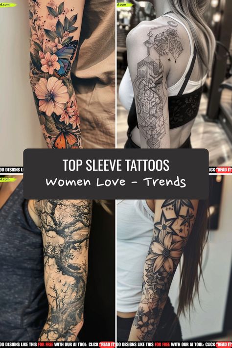 Discover the trendiest sleeve tattoos for women, from intricate designs to bold statements. Explore this collection for inspiration and express your unique style through art on your skin. Find new tattoo ideas to elevate your look and make a statement. Despite being a timeless tradition, sleeve tattoos continue to evolve with modern flare, offering endless possibilities for self-expression Women Sleeve Tattoo Designs, Self Love Sleeve Tattoos For Women, Tattoo Sleeve Starters For Women, Themed Tattoo Sleeve Women, How To Connect Tattoos For A Sleeve, Girly Tattoo Sleeve Ideas, In Love Tattoos For Women, Women’s Forearm Tattoo Ideas, Women’s Sleeve Tattos