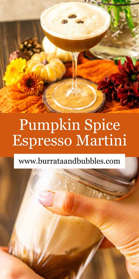 Skip the latte and enjoy your favorite fall flavor with this pumpkin spice espresso martini! Espresso, vodka, Kahlua and a homemade pumpkin spice syrup come together to make a caffeinated cocktail that’s perfect for sipping after Thanksgiving dinner with your favorite slice of pie. This is the perfect signature fall cocktail for pumpkin and coffee lovers alike. Pumpkin Pie Espresso Martini, Pumpkin Espresso, Homemade Pumpkin Spice Syrup, Fancy Cocktails Recipes, Martini Espresso, Espresso Vodka, Bubble Recipe, Happy Hour Food, Pumpkin Syrup