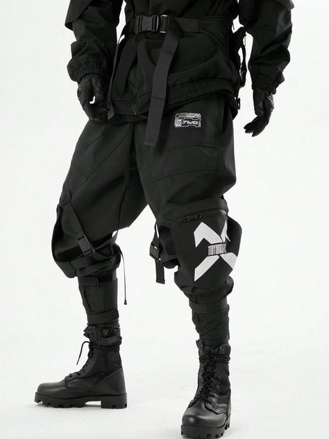 Harajuku Dark Functional Paratrooper Pants, Men's Casual Patchwork Tactical Trousers With Elastic Ankles And Multiple Pockets Black Street   Woven Fabric Colorblock,Letter,Plain Cargo Pants Non-Stretch  Men Clothing, size features are:Bust: ,Length: ,Sleeve Length: Tactical Clothing Mens, Techwear Men, Stylish Winter Hats, Y2k Street Style, Techwear Streetwear, Japanese Street Wear, Techwear Pants, Urban Shoes, Techwear Fashion