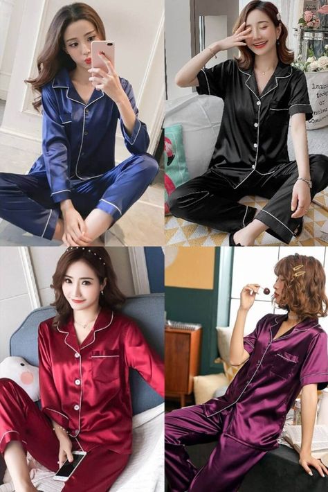 Sizes: Small, Medium, Large and XL Fabric: Silk Contains 1 Shirt and 1 Trouser #nightwear #ladiesnightwear #nighrdress #onlineshop #uniqueshop Silk Night Dress Trouser Shirt, Pretty Pajamas, Nighty Night Dress, Silk Night Dress, Silky Top, Night Dress For Women, Night Wear, Women Nightwear, Fabric Silk