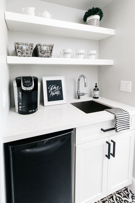 Coffee Machine Next To Sink, Bathroom Coffee Station, Dry Bar In Bedroom, Coffee Station Master Suite, Coffee Bar In Bedroom Master Suite Built Ins, Bathroom Coffee Bar, Coffee Bar In Bathroom Master Bath, White Kitchenette Ideas, Coffee Bar Master Suite