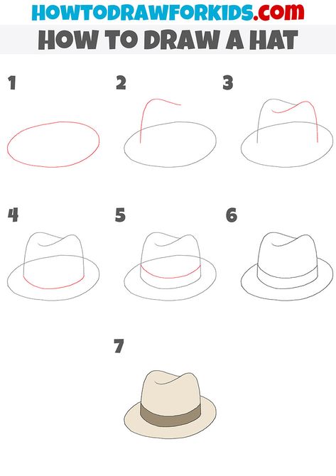 how to draw a hat step by step How To Draw A Hat Step By Step, How To Draw A Hat, Different Types Of Hats Drawing, How To Draw Hats On Heads, How To Draw A Cowboy Hat Step By Step, How To Draw A Top Hat Step By Step, Step By Step Cowboy Hat Drawing, Hat Drawing Sketches, How To Draw Clothes Step By Step