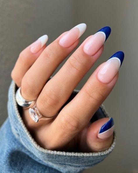 Almond Shaped French Tip Nails Blue, Blue And White French Tip Nails Almond, Navy Tips Nails Almond, Navy Blue And White French Tip Nails, Navy Blue French Tips Almond, Classy Acrylic, Navy Blue Nails, Classy Acrylic Nails, Square Nails