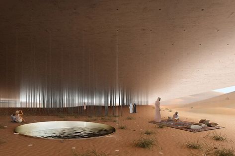 eco lodges made of sand win first prize in resort competition for abu dhabi Dune Architecture Concept Art, Mud Architecture Resort, Desert Resort Architecture, Abu Dhabi Desert, Coin Building Abu Dhabi, Sand Dunes Architecture Concept, Desert Farmhouse, Arabian Oryx, Machine Project