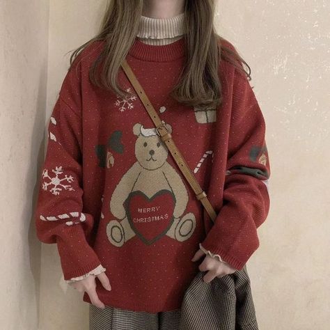 Christmas Outfit Aesthetic, Christmas Sweater Outfits, Cute Christmas Sweater, Black And White Outfit, Sweater Streetwear, Harajuku Outfits, Women Sweaters Winter, Women Sweaters, Loose Pullover