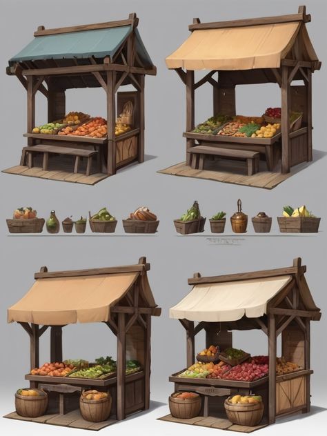 medieval simple market wooden stalls concept art 2 Medieval Farm Concept Art, Medieval Building Concept Art, Medieval Shop, Building Concept, Stables, Concept Art, Miniatures, Quick Saves, Art